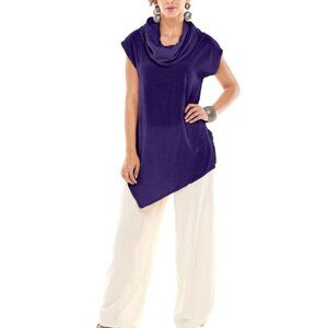 Oh My Gauze! 100% Cotton Short Sleeve Cowlneck Long Top Purple Plus Size